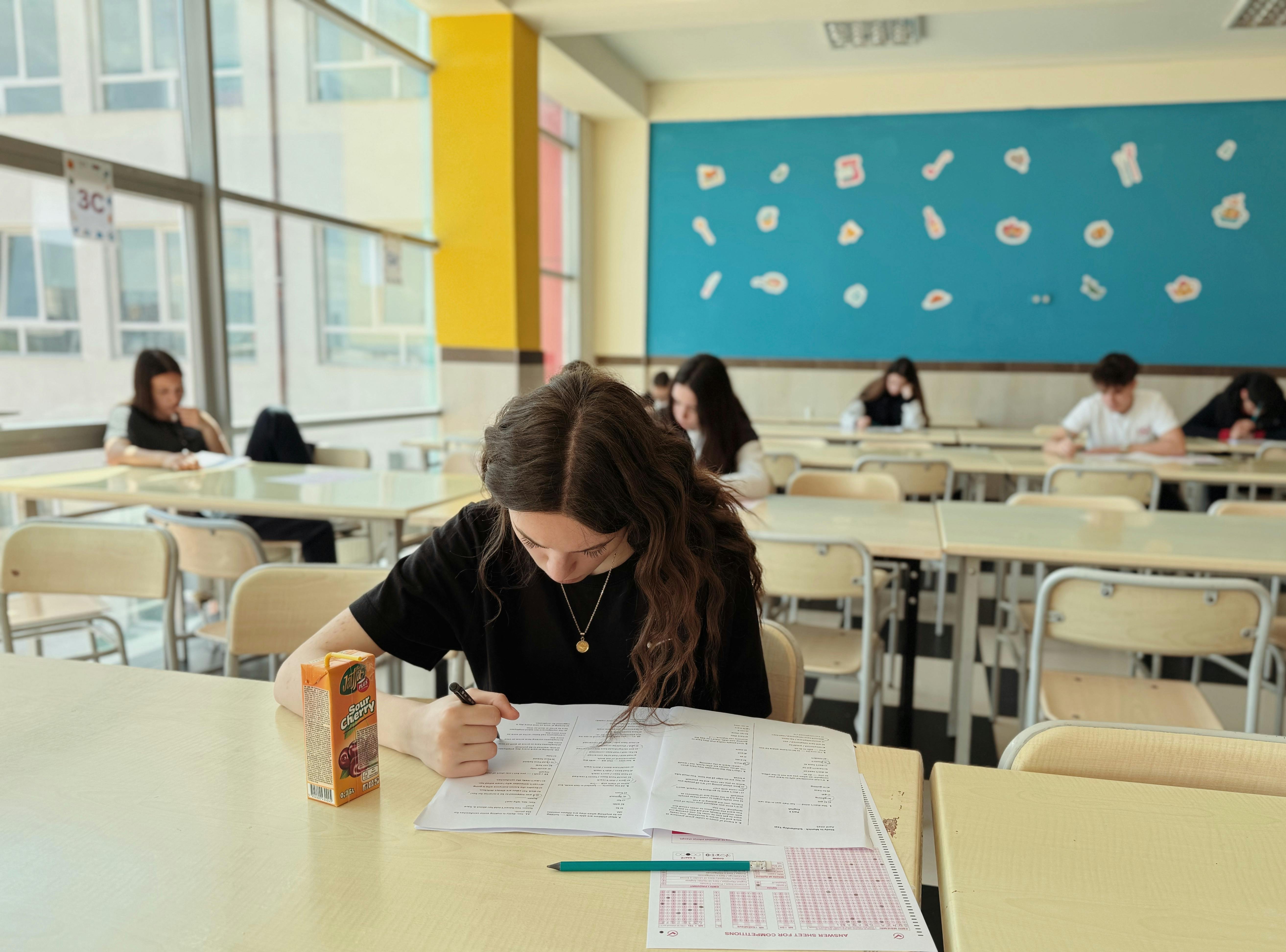Students taking an exam in a classroom